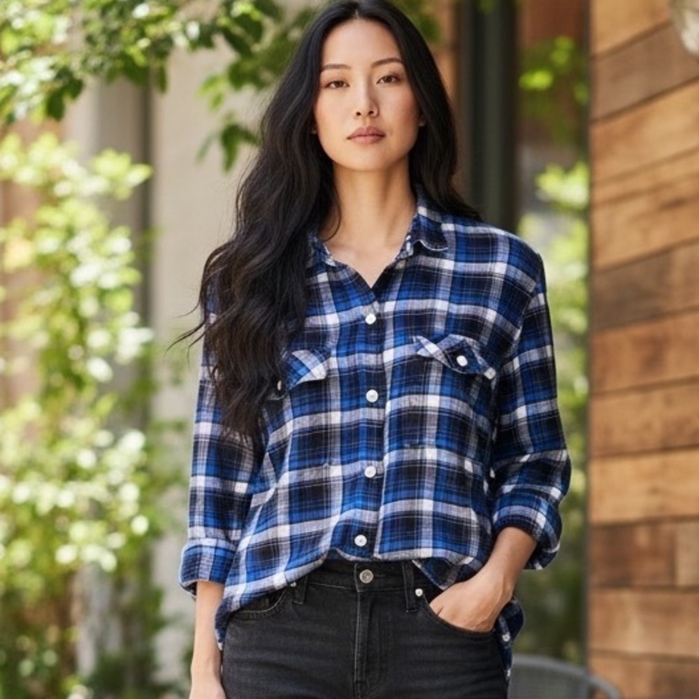 Gap Button Up Shirt Women Size M Blue Plaid Long Sleeve Relaxed Grunge Gorpcore‎
